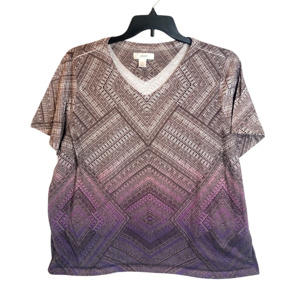 CJ Banks Purple Geometric Print V-Neck Short Sleeve Top Women's Plus Size 2X